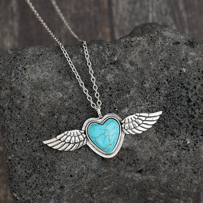 Wholesale Bohemian Retro Gothic Heart Turquoise Wings Alloy Pendant Necklaces